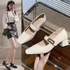 Sapatos Mary Jane estilo francês de bico quadrado e salto grosso, novo modelo primavera e outono 2026, adequados para combinar com saias, sapatos de salto alto retrô versáteis elegantes