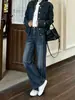 Jeans azul retrô slim-fit, adornado com strass, perna curva para mulheres, nova coleção outono/inverno 2026, apresentando um design estiloso, solto e de perna larga