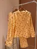 Pijama de macaco com estrela amarela para mulheres, estilo primavera e outono, gola reversa doce, manga longa, conjunto de pijama de algodão gaze dupla camada para estudantes
