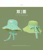 Sombrero de Pescador de Verano para Mujer Estilo Coreano a Cuadros con Ala Ancha y Cordones, con Ala Grande que Hace que la Cara Parezca Más Pequeña, Sombrero de Protección Solar para Chicas Jóvenes y Modernas