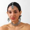 Traje Europeo y Americano Transfronterizo de Circonio Redondo con Borla de Gota de Agua para Mujer, Pendientes, Collar y Adorno para la Cabeza de Estilo Étnico Retro, Juego de Tres Piezas