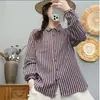 Camisa de algodón a rayas de doble capa, para primavera y otoño, cuello cuadrado, casual, de moda, manga larga, top versátil, holgado y adelgazante