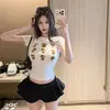 5253 # Estilo Veraniego Nuevo Estilo Chica Popular Estilo Cuello Semi Alto Estampado de Lunares Patchwork Camiseta de Manga Corta para Mujer Corte Ajustado con Almohadilla Fija en el Pecho