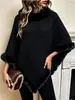 Nova moda outono e inverno transfronteiriça: Xale pullover com gola de pelo sintético de coelho rex, capa de malha irregular tamanho grande, malha feminina de caimento solto