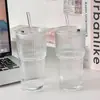 Copo de Vidro com Padrão de Bambu e Listras Verticais, com Tampa e Canudo, Copo para Bebida Fria sem Chumbo, Copo para Suco, Copo para Café Americano, Copo para Bebidas