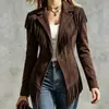 Casaco feminino vintage europeu e americano, nova jaqueta de outono e inverno em camurça com franjas, corte slim, lapela, manga longa, outra pele de coelho