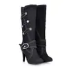 Deseo AliExpress Comercio Exterior Talla Grande Botas de Mujer Mezclilla Fideos Botas Medias Hebilla de Cinturón Tacón Delgado Tacón Alto Talla Grande Botas de Mujer