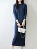 Estilo Nuevo Otoño e Invierno Vestido de Punto 100% Lana Pura Delgado Largo Delgado Cuello Redondo Vestido Suéter Básico de Lana