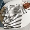 Camiseta feminina de algodão com renda, manga curta, listrada, estilo coreano, simples, solta, gola redonda, suéter, top listrado versátil, camisa de base