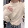 Tiro Real Corea del Sur Puntada de Encaje Base de Terciopelo Camisa para Mujer Otoño e Invierno Engrosada Cálida Hombro Elegante Top Francés