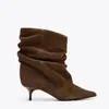 Botas de tacón de aguja apilado de gamuza con punta fina para otoño e invierno, comercio exterior transfronterizo, talla grande, botas estilo western plisadas, botas de tacón alto hasta la mitad de la pantorrilla para mujer