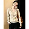 Top de punto elegante estilo coreano, de talla grande, con diseño de cuello en V cruzado, para mujer, otoño