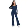 Mono Ajustado Estilo Kardashian Transfronterizo con Efecto Levanta Glúteos, Mangas Largas y Almohadillas en el Pecho, Ropa de Yoga, Mono Ajustado de Pierna Ancha para Mujer
