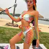 Conjunto de Falda Corta Bodycon de Malla Grande Color Dopamina para Fiesta de Festival de Música Electrónica Rave Transfronterizo, Traje de Baño Sexy para Playa con Protección Solar