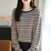 Camiseta base de punto a rayas con bordado de calabaza a la moda para mujer, nuevo top holgado para mujer de primavera y otoño 2026, suéter de otoño e invierno
