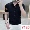 2025 Novo Estilo Verão Listrada Slim Fit Stretch Fina Versátil Gola Camiseta de Seda Gelada Manga Curta Tricô Masculino