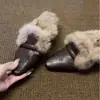 Versión de Piel de Vaca ~ Zapatos Peludos de Estilo Retro sin Cordones con Tacón Grueso para Usar al Aire Libre, Zapatos Mula, Zapatillas de Media Punta con Punta Cuadrada y Forro de Felpa