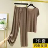 Moda feminina para comércio exterior Terno de seda gelada feminino Novo verão esportivo casual calça pantalona terno de duas peças de manga curta moda