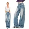 Jeans reto de cintura baixa bordado para mulheres, nova coleção de outono, estilo retro americano, design lavado, calça solta e de perna larga