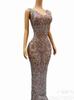 Vestido de Noite Transparente Sem Mangas com Pedrarias Prata Pérola Brilhante para Celebrar um Aniversário Sexy, Semana do Vestido Transparente