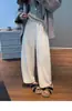 Pantalones blancos de lana cropped de pierna ancha para mujer, otoño e invierno, pantalones de chándal de cintura alta de pierna recta con caída, adecuados para personas petite