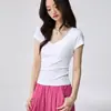 Camiseta 40s de Algodão Penteado Puro para Mulheres, Gola Redonda com Patch de Decote V Profundo, Mangas Curtas, Verão, Simples, Versátil, Emagrecedora, Top de Base