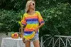 Toma real 2021 Amazon wish Nuevo top casual a rayas de manga corta suelto con cuello redondo estampado arcoíris en stock
