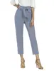 Decoración de Cinturón Transfronteriza al por Mayor Pantalones Cropped Casuales para Mujer Cintura Elástica Diseño de Bolsillos Pantalones Cropped Adelgazantes