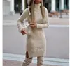 Suéter de Gola Alta Tricotado Slim-Fit de Manga Longa, Estilo Europeu e Americano para Outono e Inverno, Vestido Suéter de Comprimento Médio com Barra Dividida e Trança em Cor Sólida para Mulheres