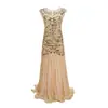 Vestido de Noite Vintage dos Anos 1920 com Lantejoulas, Miçangas, Renda e Barra Franzida, Vestido Longo