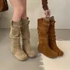 Botas Birkenstock de Plataforma Retro con Tacón Alto para Mujer 2026 Otoño/Invierno Nuevo Estilo Botas de Tacón Fruncidas Adelgazantes Botas de Montar con Hebilla de Cuero