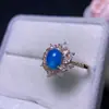 Anillo Abierto de Calcedonia Azul Hielo Incrustado Plateado al por Mayor Nuevo Estilo Chino Ágata Azul Agua Jade Anillo para Mujer Suministro en Vivo