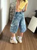 Jeans de Mezclilla Estampados Patchwork con Forma de Estrella Retro Americano para Mujer, Verano Ajuste Holgado, Adelgazantes de Calle Rectos de Pierna Ancha Acortados
