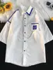 Collar Estilo Hong Kong Estilo Francés Diseño Retro Camiseta de Manga Corta para Hombre y Mujer Verano Holgada Ajuste Relajado Contraste de Color Camisa Trendy Ins