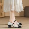 Sapatos Mary Jane de Salto Grosso Estilo Francês para Mulheres, Novo Modelo Primavera 2026, Design Color-Blocking Preto e Branco, Sapatos de Salto Alto com Strass