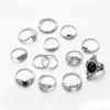 Bestseller transfronterizo juego de anillos de piedra lunar de diseño minimalista, anillo geométrico de diamante negro, joyería apilable de turquesa estilo europeo y americano