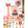 Decoración de primer cumpleaños con notas adhesivas de colores, pastel, tablero KT, globos para niños y niñas, accesorios para fotos de escena de hotel, pared de fondo