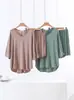 Algodón Transpirable Holgado Casual Ropa de Casa Verano Delgado Talla Grande Mangas de Murciélago Holgadas para Mujer Cuello en V Shorts Conjunto de Dos Piezas