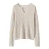 Luxo Discreto Cashmere Gola V Pequena Tricô Vazado Fino Outono Inicial Textura de Trança Camiseta de Lã Manga Longa para o Trabalho