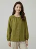 Camisa de Linho 100% Puro com Manga Sino Estilo Japonês para Mulheres, Blusa de Botão com Gola Redonda para Primavera e Verão, Camisa de Corte Solto com Proteção Solar para o Dia a Dia