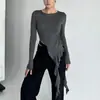Moda Europeia e Americana Roupas Femininas Amazon Cor Pura Simples Primavera e Outono Gola Redonda Gravata Babado Manga Longa Camiseta Tops para Mulheres