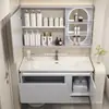 Novo gabinete de banheiro em carvalho com luzes, lavatório cerâmico integrado para lavar as mãos e o rosto, gabinete de banheiro em carvalho laqueado