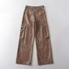 Pantalones de trabajo de cuero de talle bajo retro europeo y americano, lavado cepillado de industria pesada, estilo urbano para mujer, holgados casuales con bolsillos tridimensionales