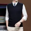 Colete masculino de lã 60% para outono e inverno, gola V, tamanho grande, colete de malha formal tipo pullover, colete casual sem mangas para homens jovens e de meia-idade