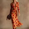 Vestido Transfronteiriço Novo Estilo com Decote em V e Mangas Longas com Elementos de Impressão Digital 3D, Saia Fashion e Personalizada para Marcar a Cintura Feminina
