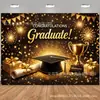 Banner de telón de fondo para fiesta de graduación transfronteriza, telón de fondo negro y dorado "Felicitaciones por la Graduación", fondo de decoración para ceremonia de graduación