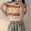 Blusa de Tricô de Seda Gelada com Listras Arco-Íris Manga Curta Feminina Estilo Han Ajuste Slim Emagrecedor Pulôver Curto Camiseta Fina