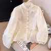 (Forrado) Nuevo top de manga larga versátil ajustado para mujer, bordado de encaje estilo chino con cuello alto, novedad de otoño