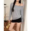 Camiseta Feminina Manga Longa Assimétrica Ombro a Ombro Outono Algodão Puro Estilo Preguiçoso Branco Elegante Camisa Base Top Solto