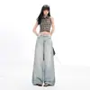 Jeans Feminino Laranja Jovem#Design Desgastado com Dobras Lavadas Perna Larga Solto Emagrecedor Personalidade Tendência Versátil Calças Compridas
